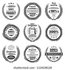Vintage premium cereal products labels set with letterings wheat ears natural wreathes in monochrome style isolated vector illustration