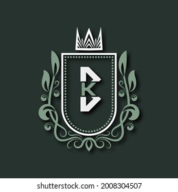 Vintage premium monogram of letter B. Heraldic coat of arms in form of shield surrounded by floral ornament and crown.