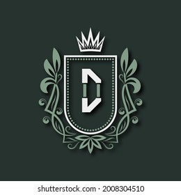 Vintage premium monogram of letter D. Heraldic coat of arms in form of shield surrounded by floral ornament and crown.