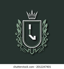 Monograma de la letra L de la prima por cosecha. Escudo heráldico en forma de escudo rodeado de adorno floral y corona.