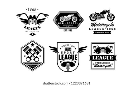 Vintage premium motorcycle league logo set, retro badges for biker club, motorcycle parts store, repair service vector Illustration on a white background