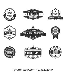 Vintage premium product flat badges set. Retro design for exclusive shields, discount stamps and classic logos vector illustration collection. Organic food and summer concept