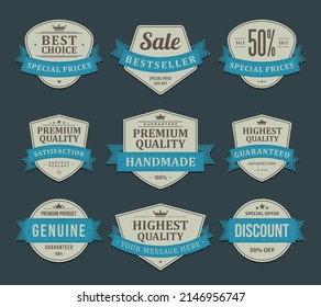 Vintage premium product label with ribbon and place for text set vector illustration. Collection retro badge marketing certificate security quality guarantee exclusive premium design crown and laurel