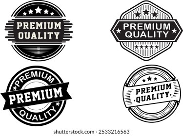 Etiquetas de "calidad Premium" de Antiguas con estampados de estrellas y rayos de sol, perfectas para marcas retro, empaques o diseño de productos. Ideal para enfatizar la confiabilidad y la artesanía.