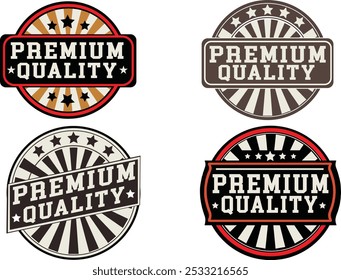 Etiquetas de "calidad Premium" de Antiguas con estampados de estrellas y rayos de sol, perfectas para marcas retro, empaques o diseño de productos. Ideal para enfatizar la confiabilidad y la artesanía.