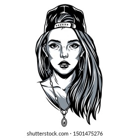 Vintage pretty girl in baseball cap with round earrings and necklace in monochrome style isolated vector illustration