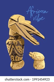 Vintage primitive wooden statuettes of a bird family. Traditional African culture attribute. Vector isolated historical stuff.