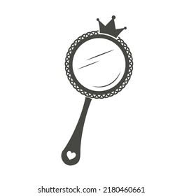 Vintage princess hand mirror in royal style on white background. Retro frame design with crown for baby girl birthday and party. Vector silhouette.