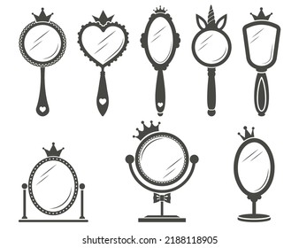 Vintage princess mirror in royal style on white background. Retro frames silhouette design with crowns. Vector set.