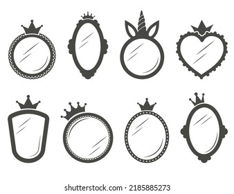 Vintage princess mirrors in royal style on white background. Retro frames design with crown for baby girl birthday and party. Vector silhouette.