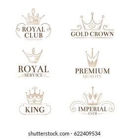 Vintage princess vector labels and logos with crowns. Linear royal crown, illustration of royal club and service