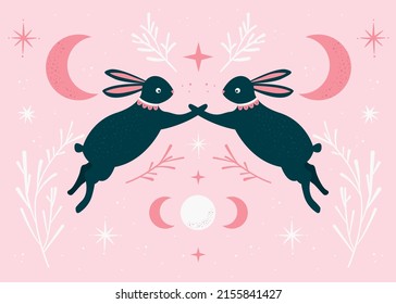 Vintage print Bunny rabbit vector flat illustration. New year rabbit seamless pattern. Magic Symbol 2023 year. Happy New year banner template year of the rabbit zodiac for decoration