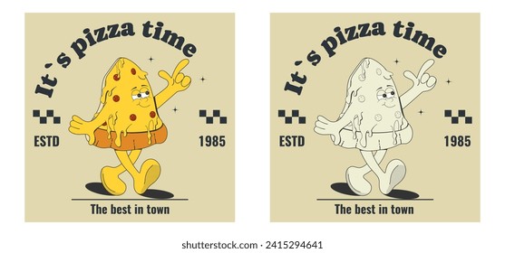 Vintage print design for T-shirt, sticker, poster, logo: "It's Pizza Time". Funny, joyful cartoon mascot pizza is coming. Vector illustration in retro style of the 60s-70s