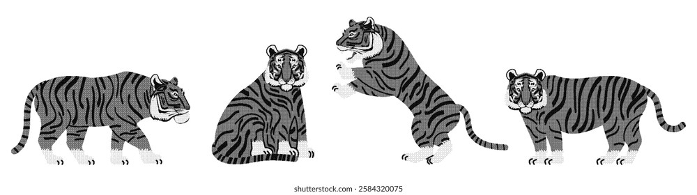 Vintage print featuring stylized tigers in newsprint style showcases four unique tiger poses that evoke a sense of nostalgia and artistic flair.