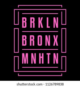 Vintage print. Modern poster. Geometric pattern. Districts of New York.
Brooklyn. Bronx. Manhattan. Design for t-shirt.
