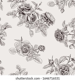 Vintage print with roses. Vector floral seamless pattern.  Botanical illustration. Black and white.