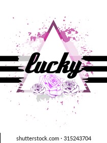 Vintage print and text lucky on striped background. For t-shirt or other uses, in vector.