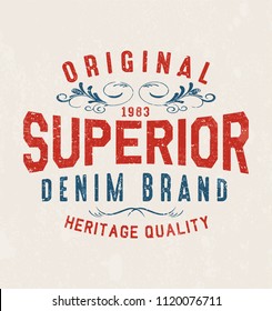 Vintage print for t-shirt or apparel. Vector graphic with traditional denim theme and typography. Vintage effects are easily removable.