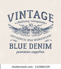 Vintage print for t-shirt or apparel. Vector graphic with traditional denim theme and typography. Vintage effects are easily removable.
