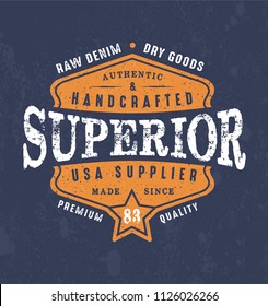 Vintage print for t-shirt or apparel. Vector graphic with traditional denim theme and typography. Vintage effects are easily removable.