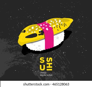 Vintage printable art sushi with fish. Vector japanese food print in pop art style. Design for t-shirt, card or picture for interior. Nigiri sushi unagi illustration in flat style.