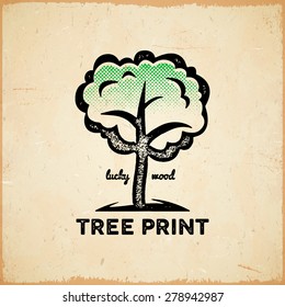 Vintage printed card with tree on old scratched paper