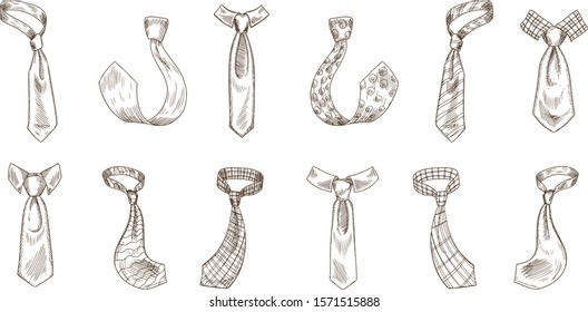 Vintage printed ties hand drawn silhouette illustrations set. Dotted, checkered and striped neckties pack. Knotted neckclothes design elements. Formal wear accessories isolated on white background