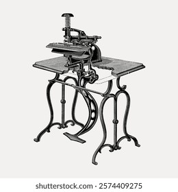 Vintage printing press illustration with intricate details. Antique press design showcases classic craftsmanship. Retro printing press art, elegant and timeless. Vintage art vector element.