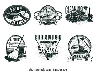 Vintage Professional Cleaning Service Labels Set With Inscriptions Housekeeping Tools And Products Isolated Vector Illustration