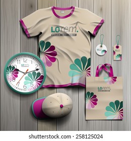 Vintage promotional souvenirs design for corporate identity with flowers. Stationery set