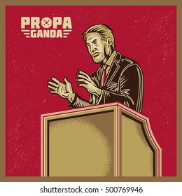 Vintage-Propagandakampagne und Elemente. Retro Clip-Kunst eines Orators oder Politiker, der Redner auf Podium. Einziger Kunstgegenstand. Geeignet für und für alle Druckmedien.