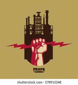 Vintage propaganda logo and elements. human hand fist holding a lightning. Isolated artwork object. Suitable for and any print media need.