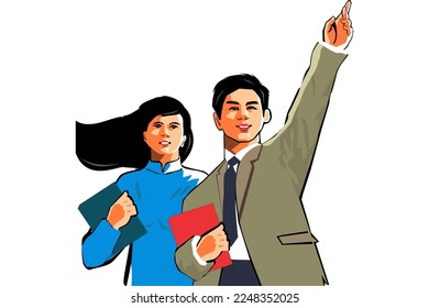 Vintage propaganda poster and elements. Man and woman say hello