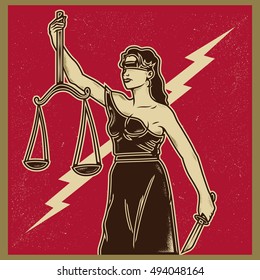 Vintage propaganda poster and elements. Retro Clip art of lady justice Themis holding scales balance and knife. Isolated artwork object. Suitable for and any print media need.