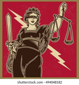 Vintage propaganda poster and elements. Retro Clip art of lady justice Themis holding scales balance and sword. Isolated artwork object. Suitable for and any print media need.