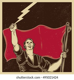 Vintage propaganda poster and elements. Retro Clip art of a Worker catching lightning and holding a blank flag or banner. Isolated artwork object. Suitable for and any print media need.