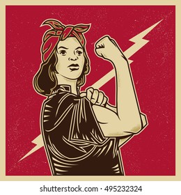 Vintage propaganda poster and elements. Retro Clip art of a feminist strong woman. Isolated artwork object. Suitable for and any print media need.