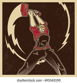 Vintage propaganda poster and elements. Retro Clip art of a Worker Swinging a Lightning Sledge Hammer. Isolated artwork object. Suitable for and any print media need.