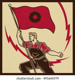 Vintage propaganda poster and elements. Retro Clip art of a Worker bring a gear flag or banner. Isolated artwork object. Suitable for and any print media need.