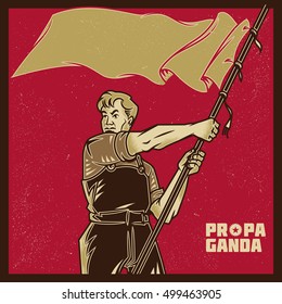 Vintage propaganda poster and elements. Retro Clip art of a Worker bring a gold flag or banner. Isolated artwork object. Suitable for and any print media need.