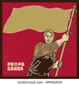 Vintage propaganda poster and elements. Retro Clip art of a Worker bring a gold flag or banner. Isolated artwork object. Suitable for and any print media need.