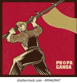 Vintage propaganda poster and elements. Retro Clip art of a Worker bring a gold flag or banner. Isolated artwork object. Suitable for and any print media need.