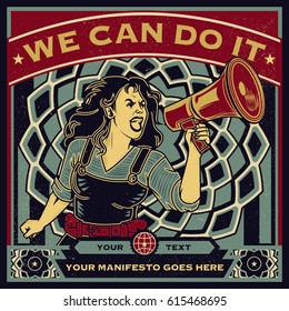 Vintage propaganda poster and elements. Retro Clip art of a feminist voice against power. Isolated artwork object. Suitable for and any print media need.