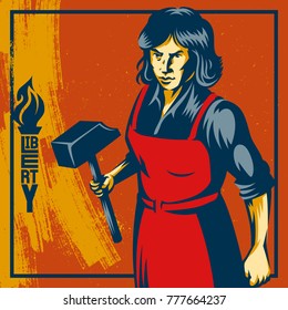 Vintage propaganda poster and elements. Retro Clip art of a feminist voice against power.