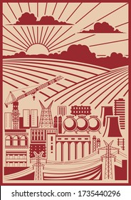 Vintage Propaganda Posters Background Stylization, Industrial Pattern, Construction Cranes, Buildings, Agriculture Fields