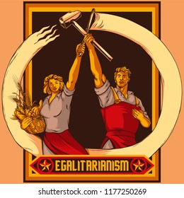 Vintage propaganda style couple vector illustration. Work and Equality. Retro Soviet Propaganda Poster Stylization