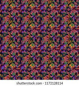 Vintage pro-vance style in black, brown and orange colors. Flower vector seamless pattern with assorted plants.