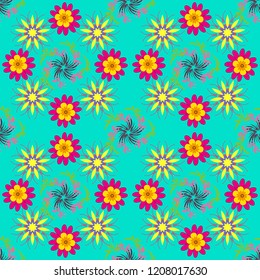 Vintage pro-vance style in blue, yellow and magenta colors. Flower vector seamless pattern with assorted plants.