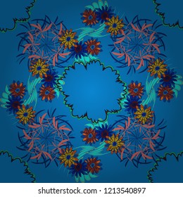 Vintage pro-vance style. Flower vector seamless pattern with assorted plants in orange, brown and blue.