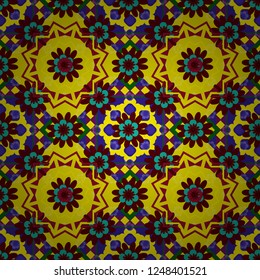 Vintage pro-vance style. Flower vector seamless pattern with assorted plants in red, yellow and blue.